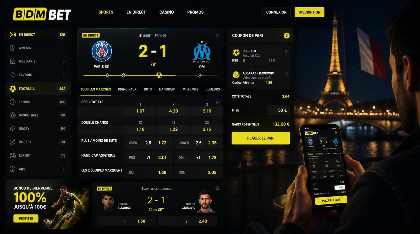 homme tenant smartphone devant écran de paris sportifs avec football et basket en arriÚre-plan