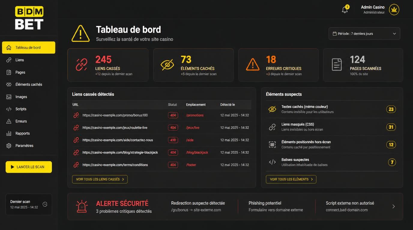 écran avec alertes, liens cassés, interface limpide