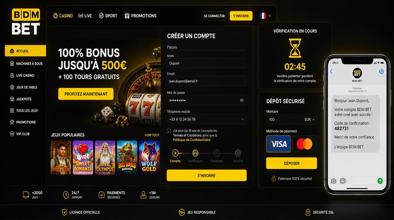 Formulaire dâinscription BDMBet avec mobile, carte bancaire et horloge