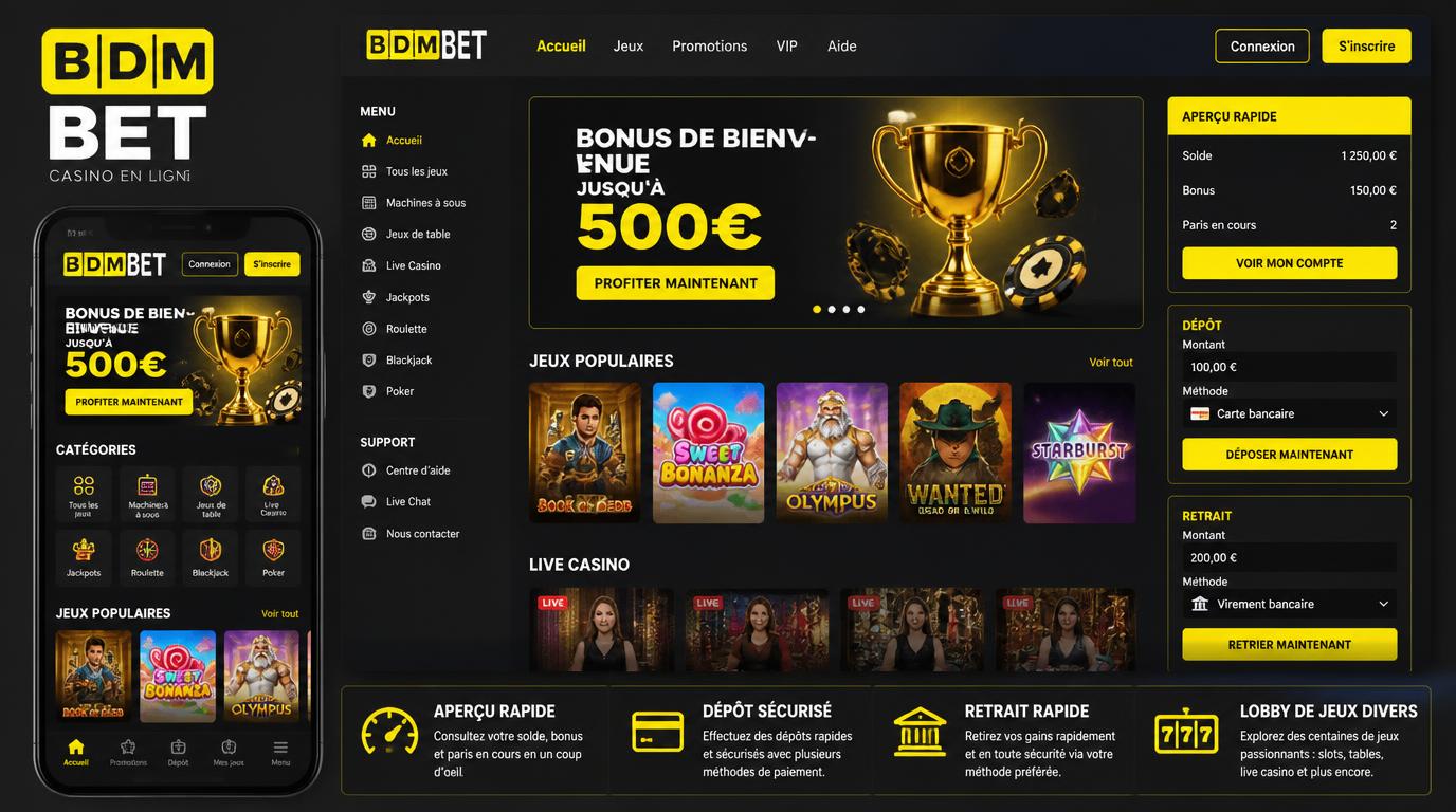 Interface montrant une vue dâensemble du casino numĂ©rique avec lobby de jeux, options dĂ©pĂŽt/retrait visibles et mode bureau et mobile