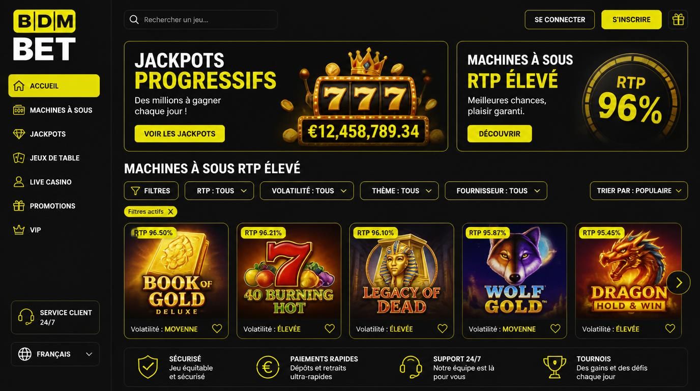 Grille de jeux avec icĂŽnes de RTP, symboles de jackpot progressif, filtres